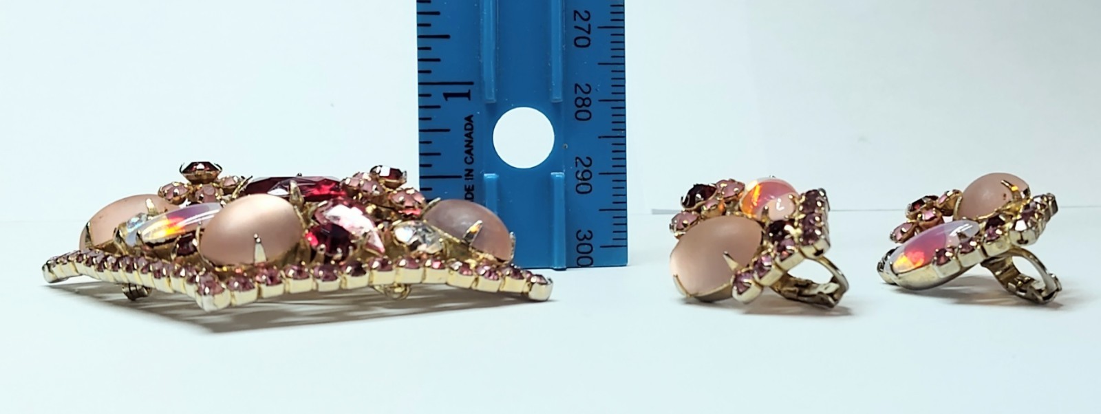 Vintage Stunning Givre Pink Red Clear AB Rhinestone Brooch Pin Clip Earrings