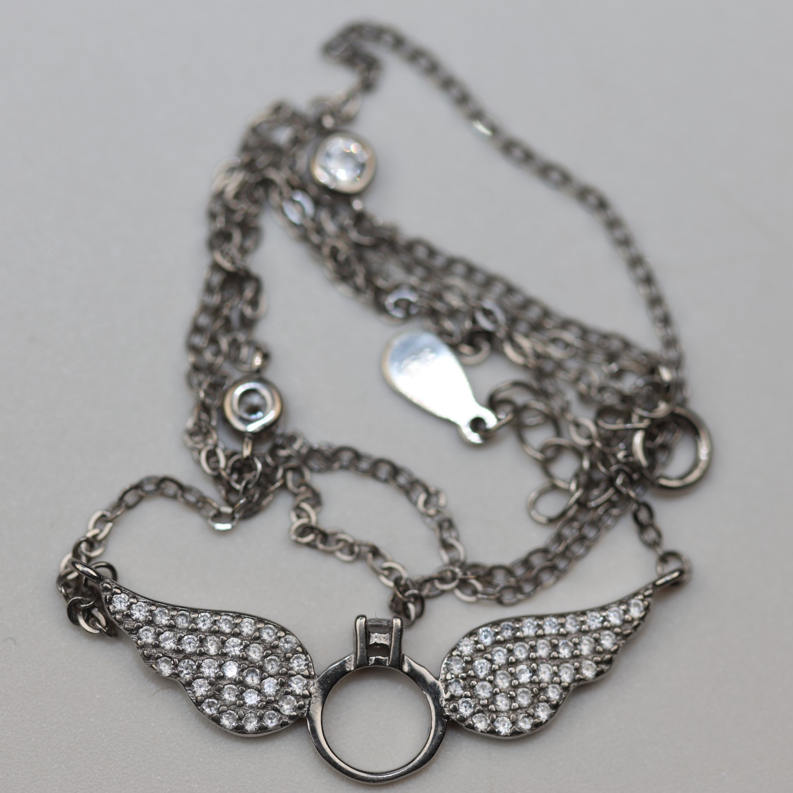 Angel Wings and Ring with Gemstones Pendant Necklace Sterling Silver