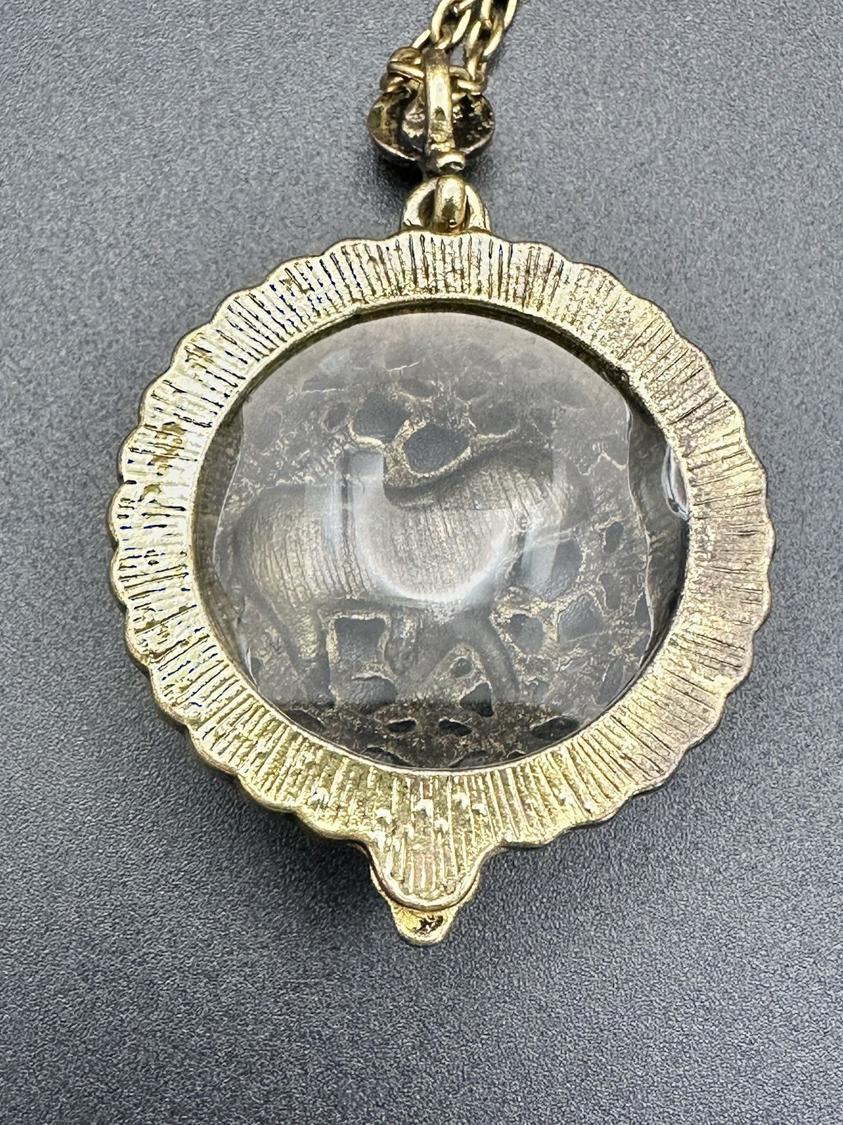 VTG Style Elephant Magnifying Glass Pendant Necklace In Brass Tones Magnetic