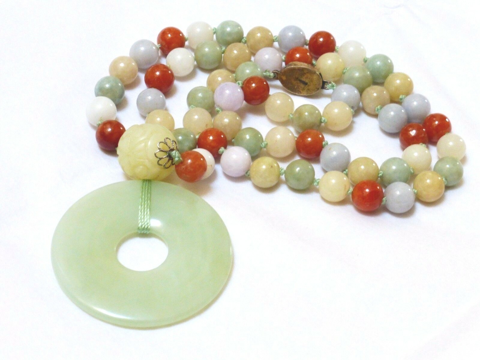 Vintage Chinese Multi-Color Jade 9mm Beads Necklace Pendant, Silver Clasp, 25″