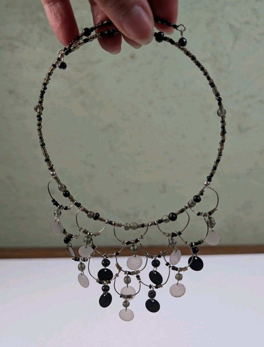 Vintage 90s Y2K Gothic Style Silver Tone Black Beaded Adj Choker Necklace