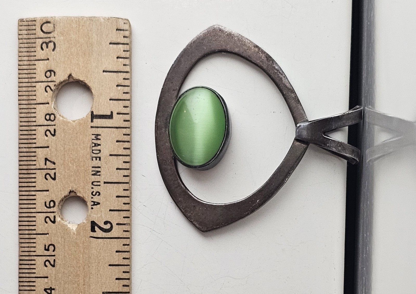 Large Mexico Sterling Abstract Modernist Pendant & Green Cat’s Eye Stone 16.7 gm
