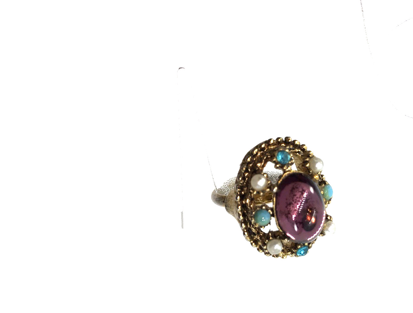Vintage Cocktail Ring Adjustable Purple oval cabochon rhinestone Faux Pearl Mod