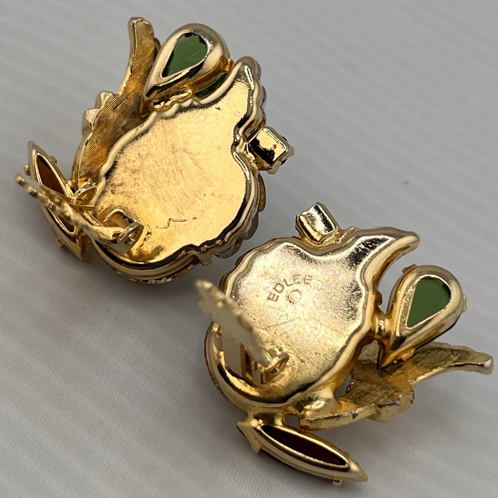 Vintage Edlee Molded Glass Gold Tone Green Amber Rhinestone Chunky Earrings