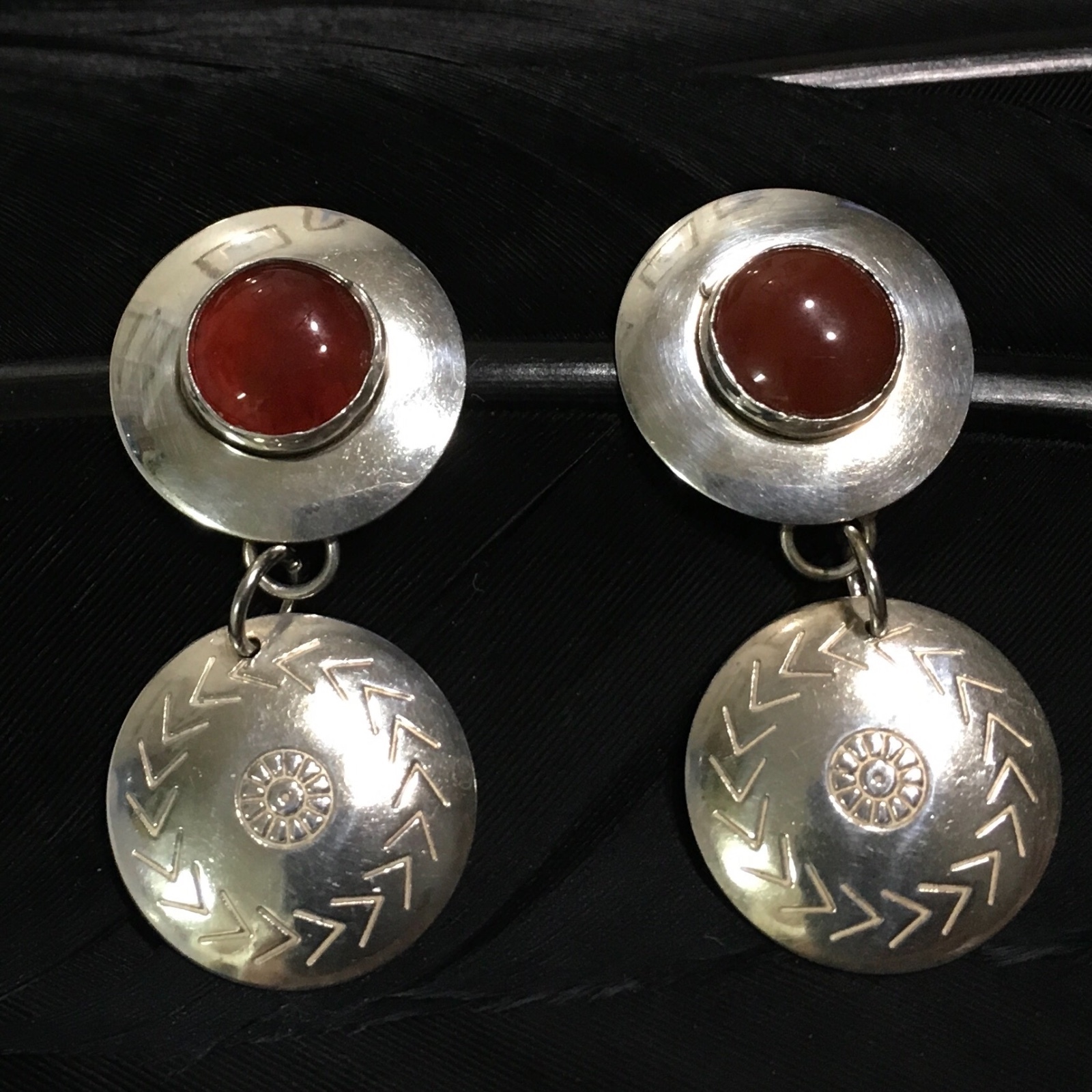 ESTATE STERLING SILVER CARNELIAN STAMPED DROP DANGLE POST BACK EARRINGS 1 5/8″