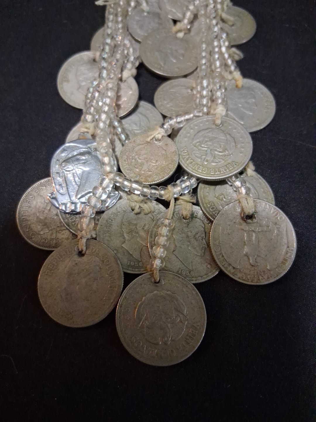 Coins From Around The World Necklace 1930s-60s Clear Beads String Custom Made