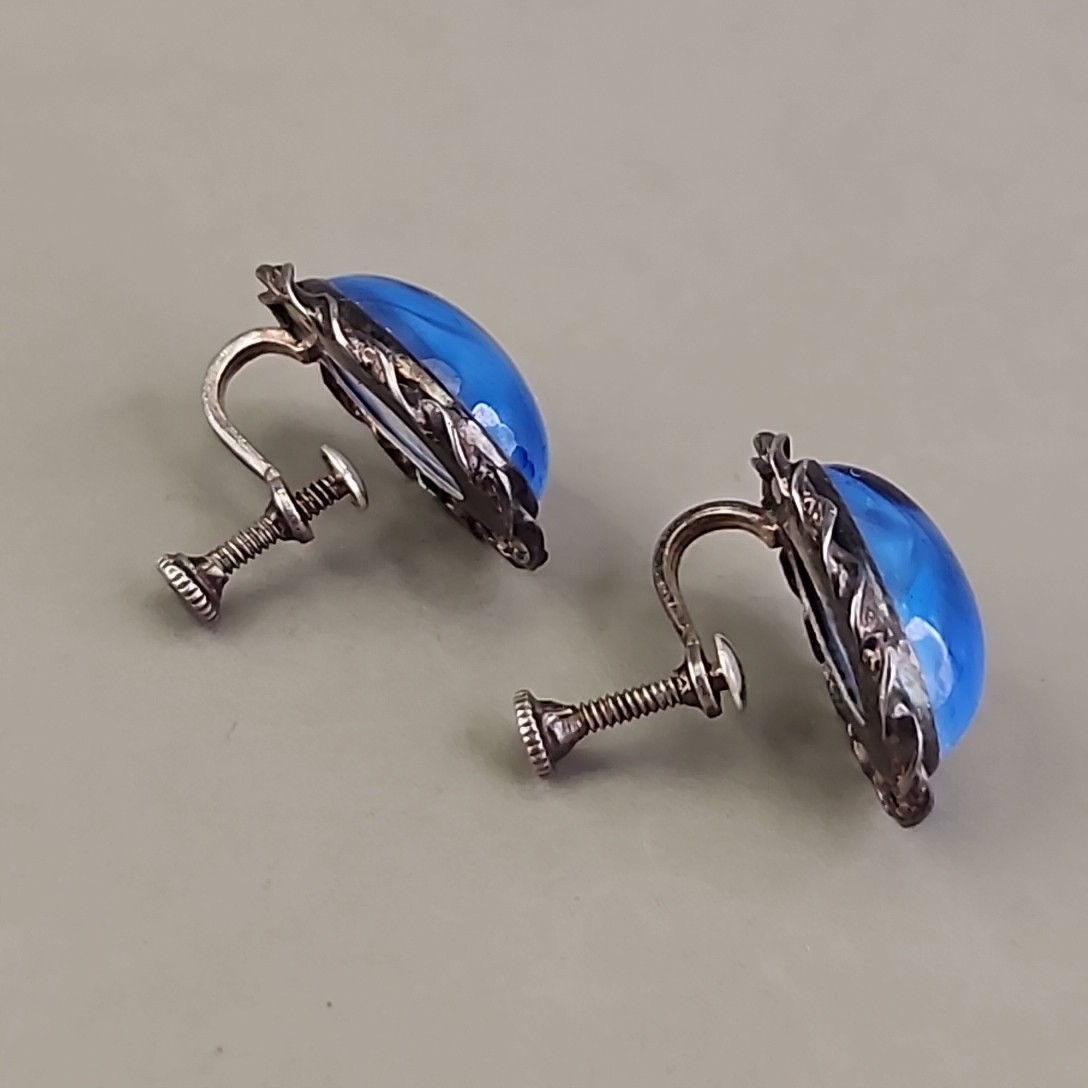 Vintage Star Sapphire Glass Screwback Earrings Blue Sterling Silver .75″