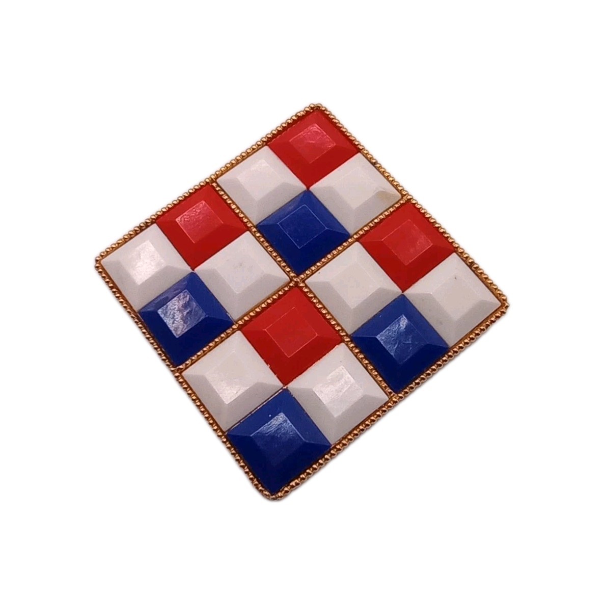 Vintage Red White Blue Geometric Square Brooch Gold Tone Patriotic Pin 2 in Sq
