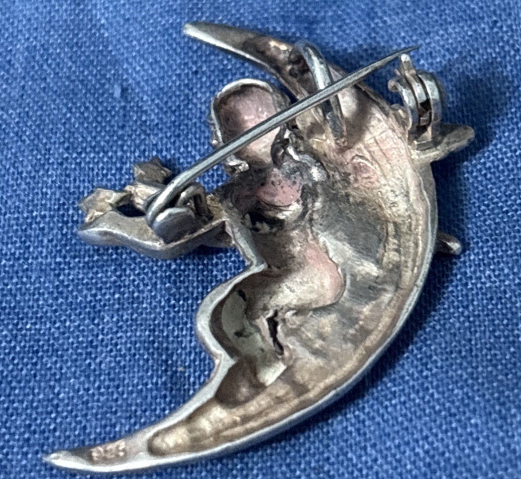 Vintage Sterling Silver Brooch Pendant Cherub Crescent Moon Celestial 8g 1.5”