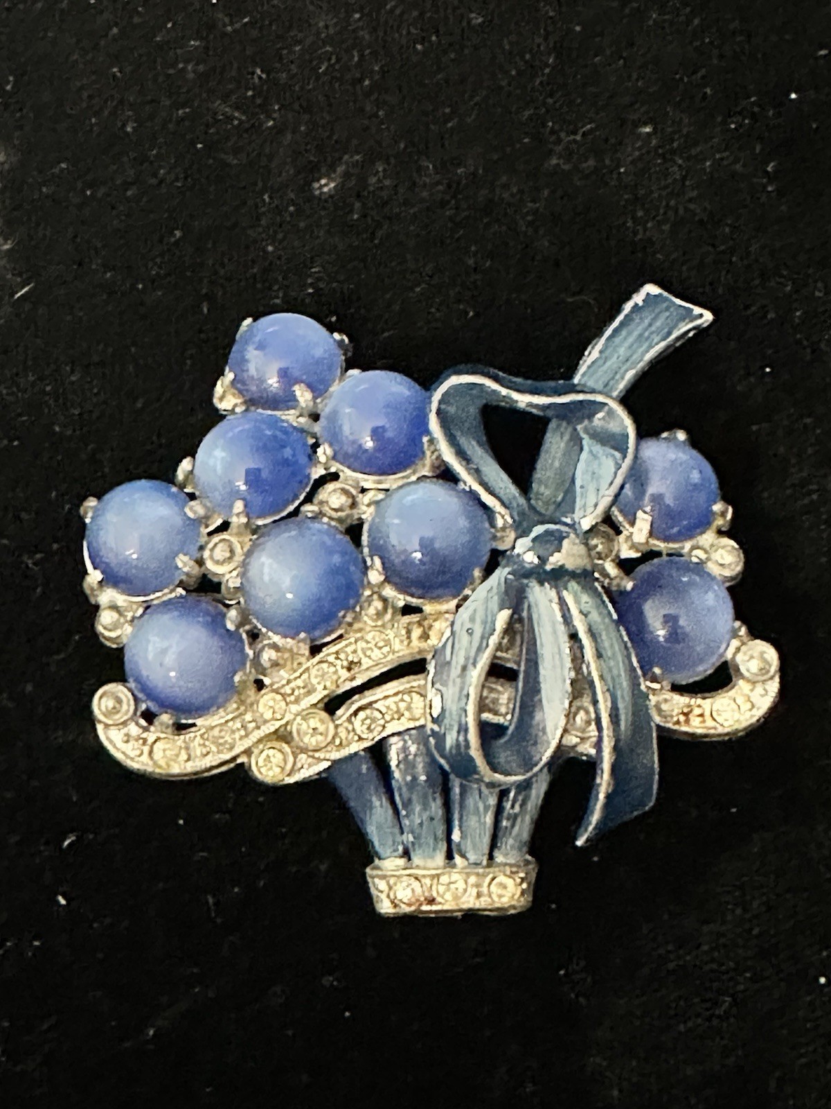 1930s Vintage Blue Glass Moonstone & Rhinestone Enamel Flower Basket Brooch Pin