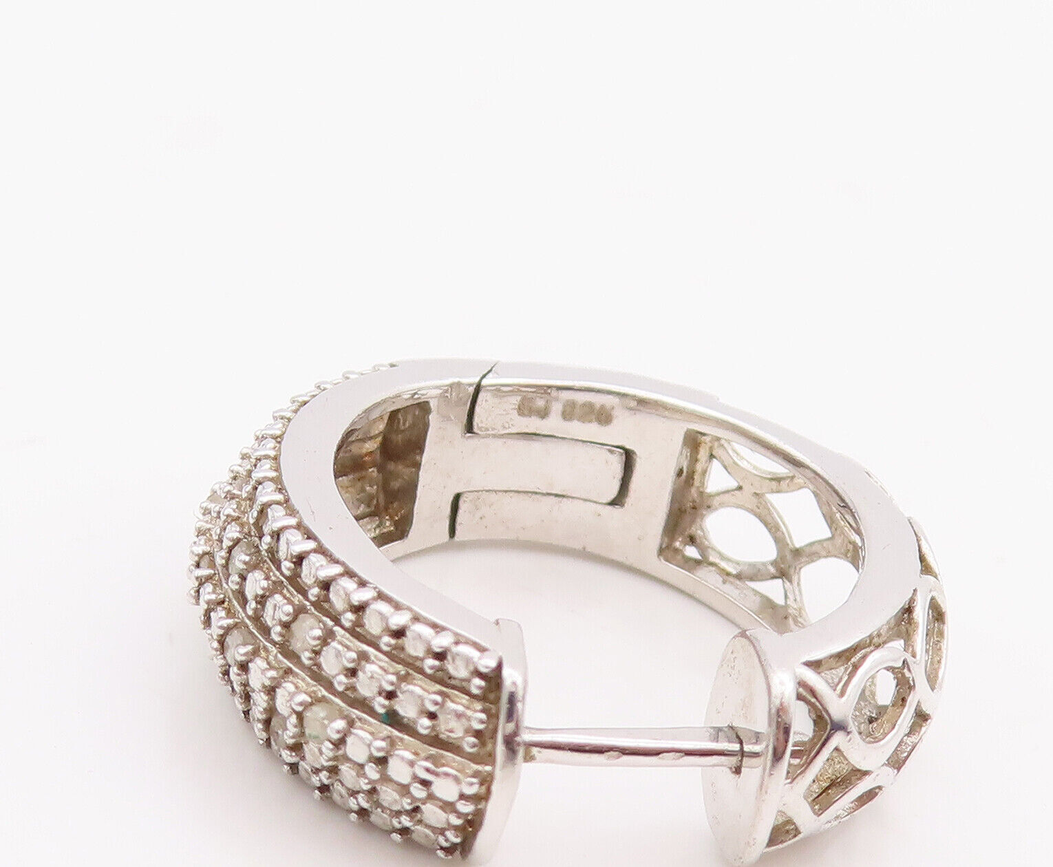 925 Sterling Silver Vintage Earrings Cutout Solid Diamonds Inlay Hoops EG13066
