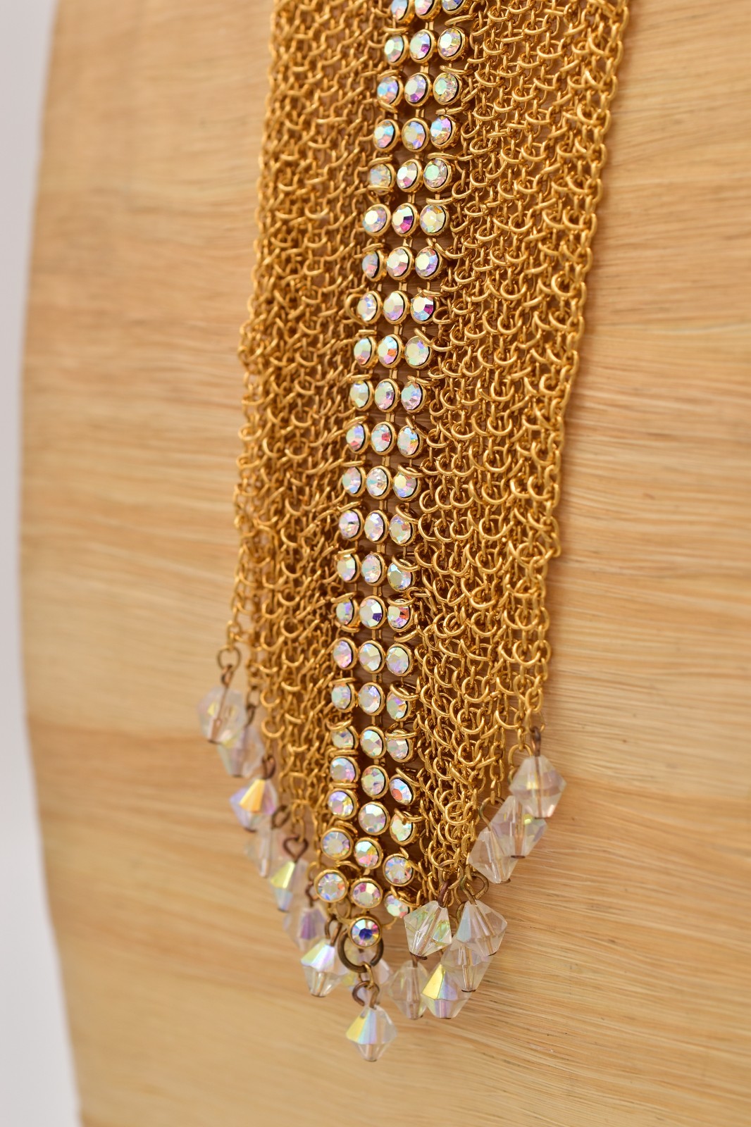 Felicia Vintage Gold Mesh Bib Necklace AB Rhinestone Crystal Fringe 1990s BinBN