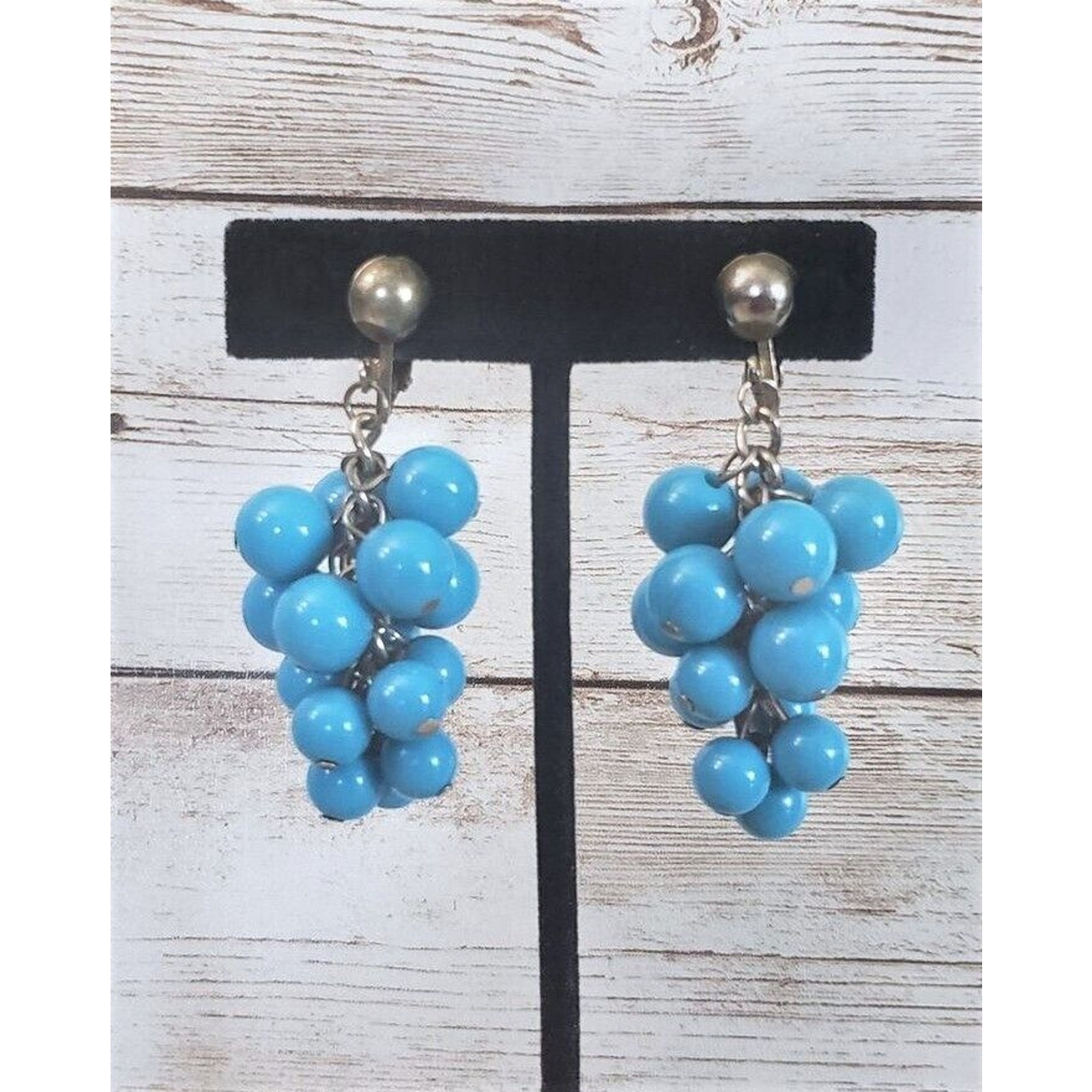 Vintage Clip On Earrings Bright Blue Balls Dangle Large Statement