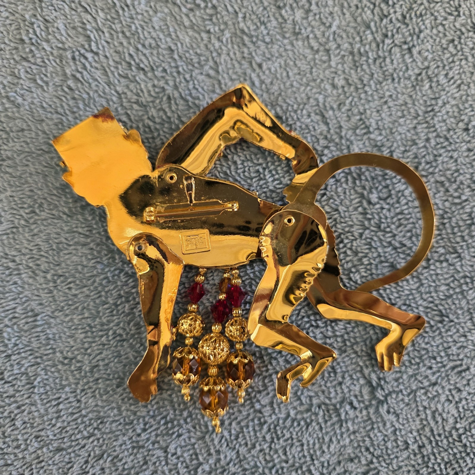 Vintage RARE Lunch At The Ritz Articulating Monkey Grinder Enamel Crystal Brooch