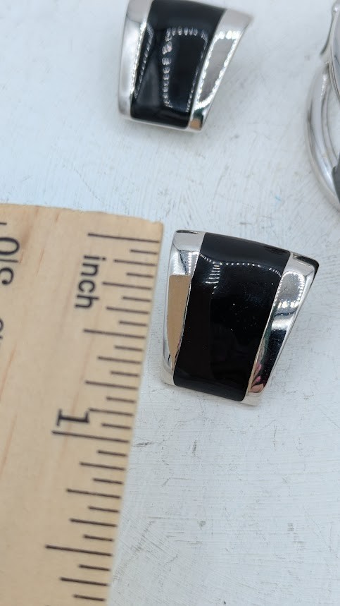 Vintage MONET Bracelet Earrings Set Black Enamel Silver Tone Modernist Demi Paru