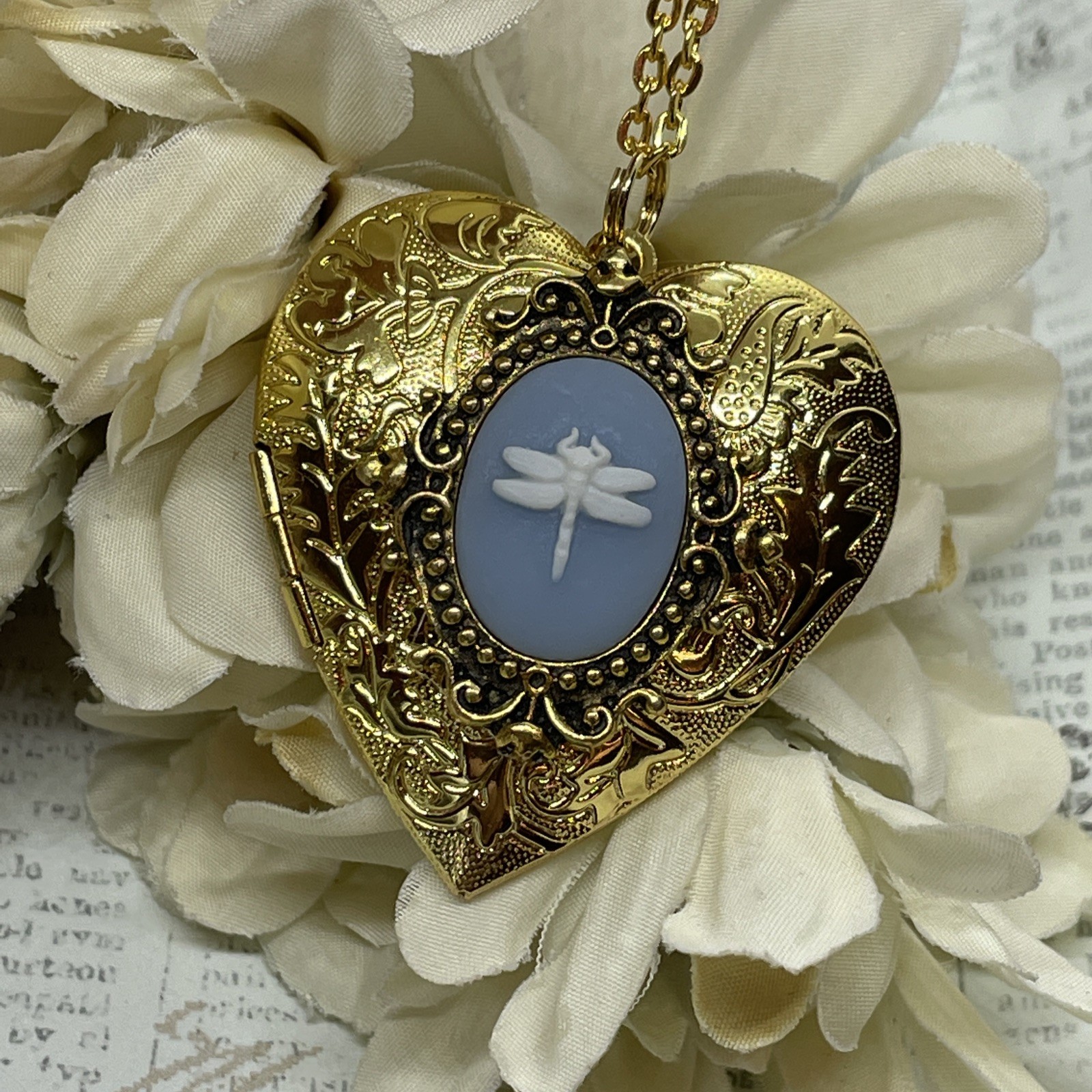 Gold Heart Locket Blue Wht Birthday Anniversary Wedding Dragonfly Cameo Necklace