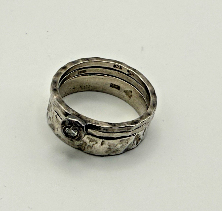 Silpada 925 Sterling Silver Stackable Ring Set Hammered CZ Size 8 Vintage