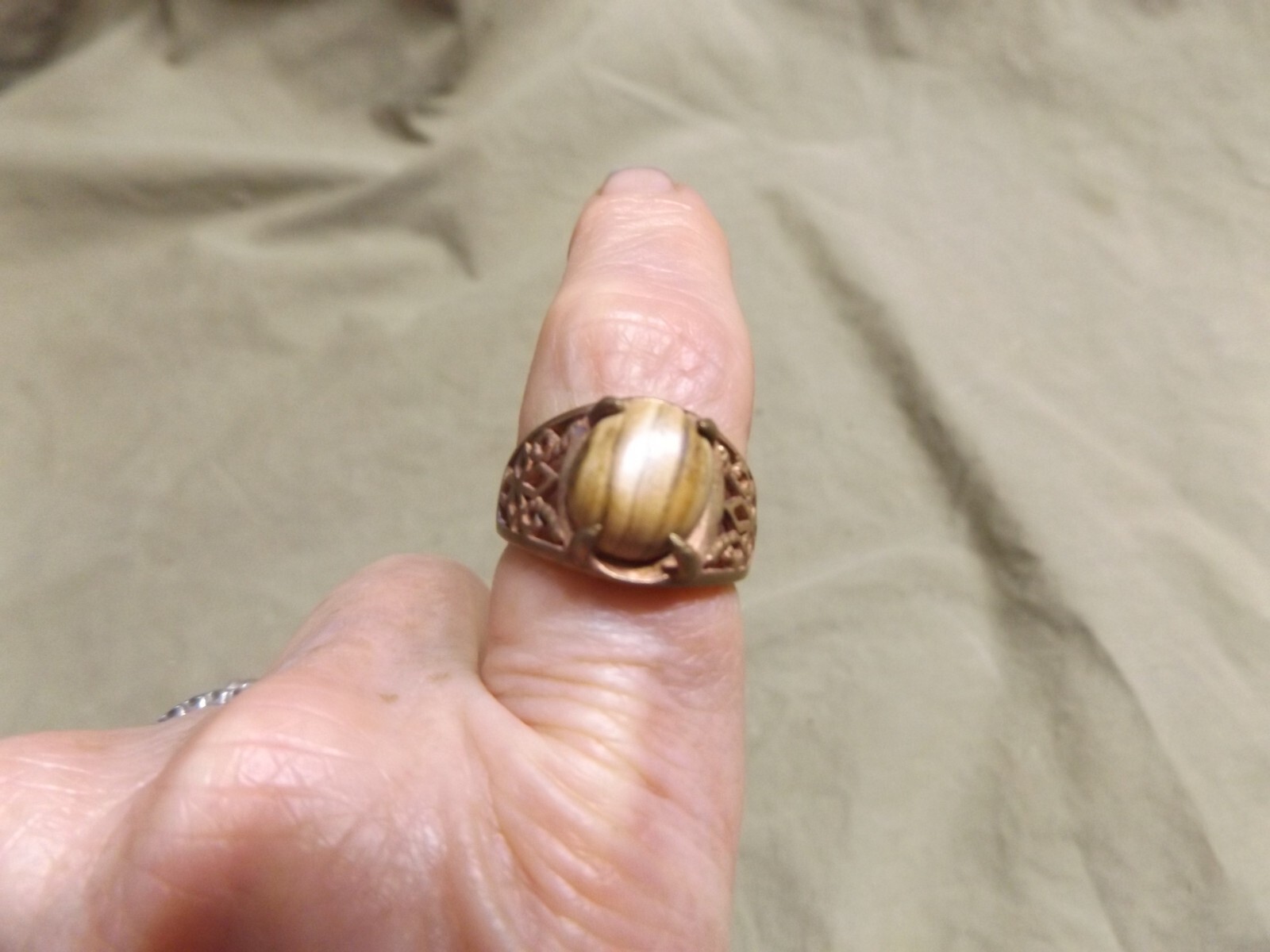 Vintage Cast Brass? Ring w Striped Jade? Oval Stone Unused Size 7.5+