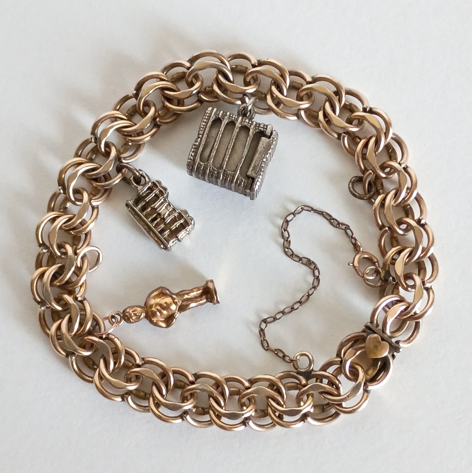 Vtg Elco 1/20 12K Gold Filled Charm Bracelet w/Heart Box Clasp & Safety Chain
