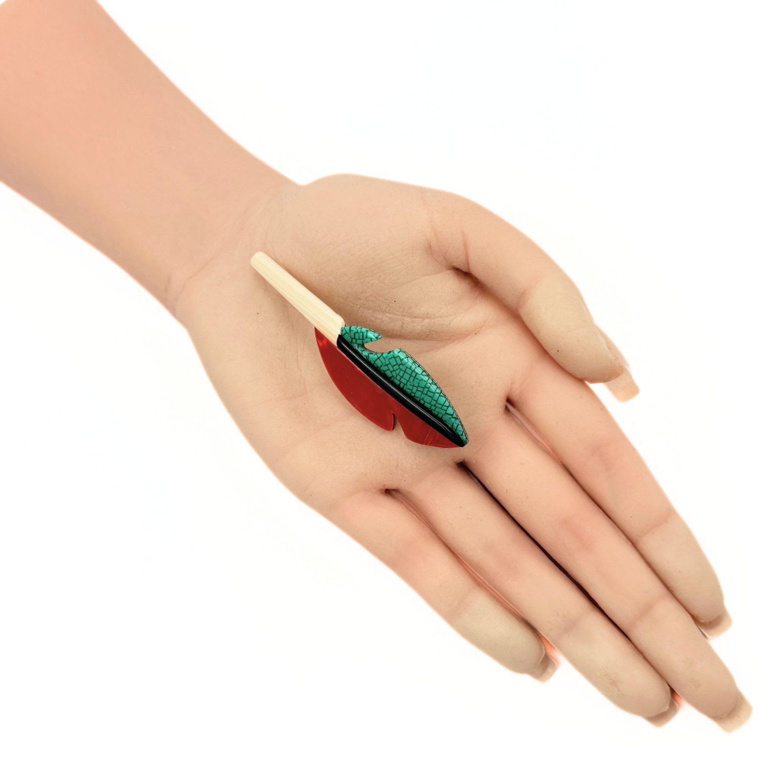 Lea Stein Marked Paris Green Red Acetate Celluloid Feather Brooch