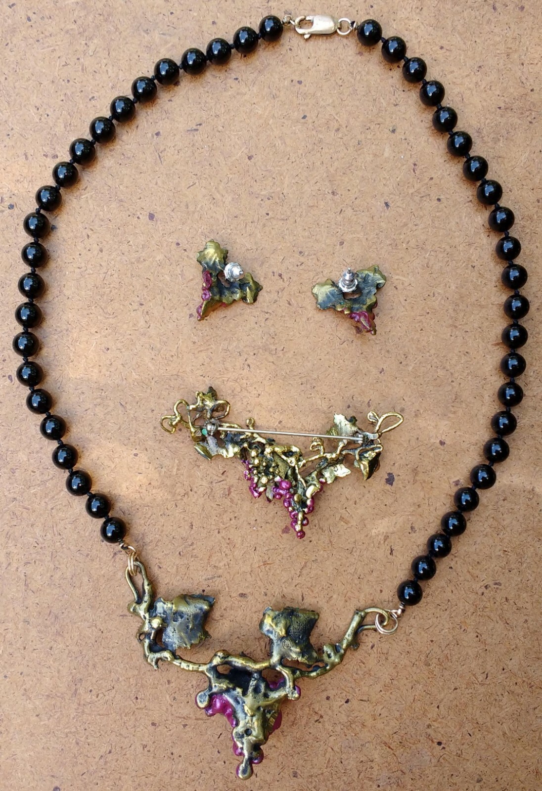 Richard Kaish Purple Green Bronze Wine Grape Vine Necklace Brooch Earrings Set