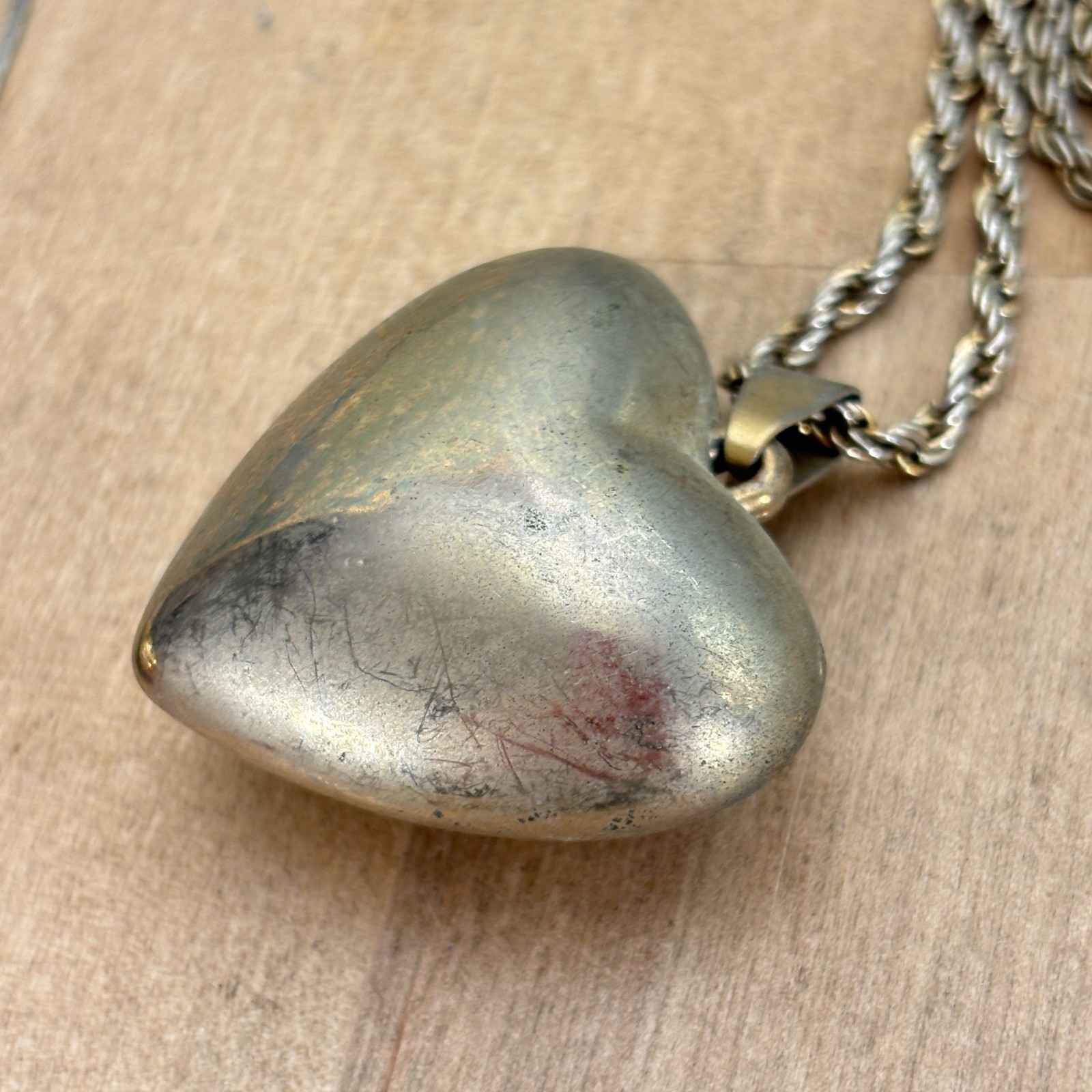 2 Vtg Puffy Heart Necklaces, Gold Tone, 1.5″, Rope Chain 30″, Other 22″