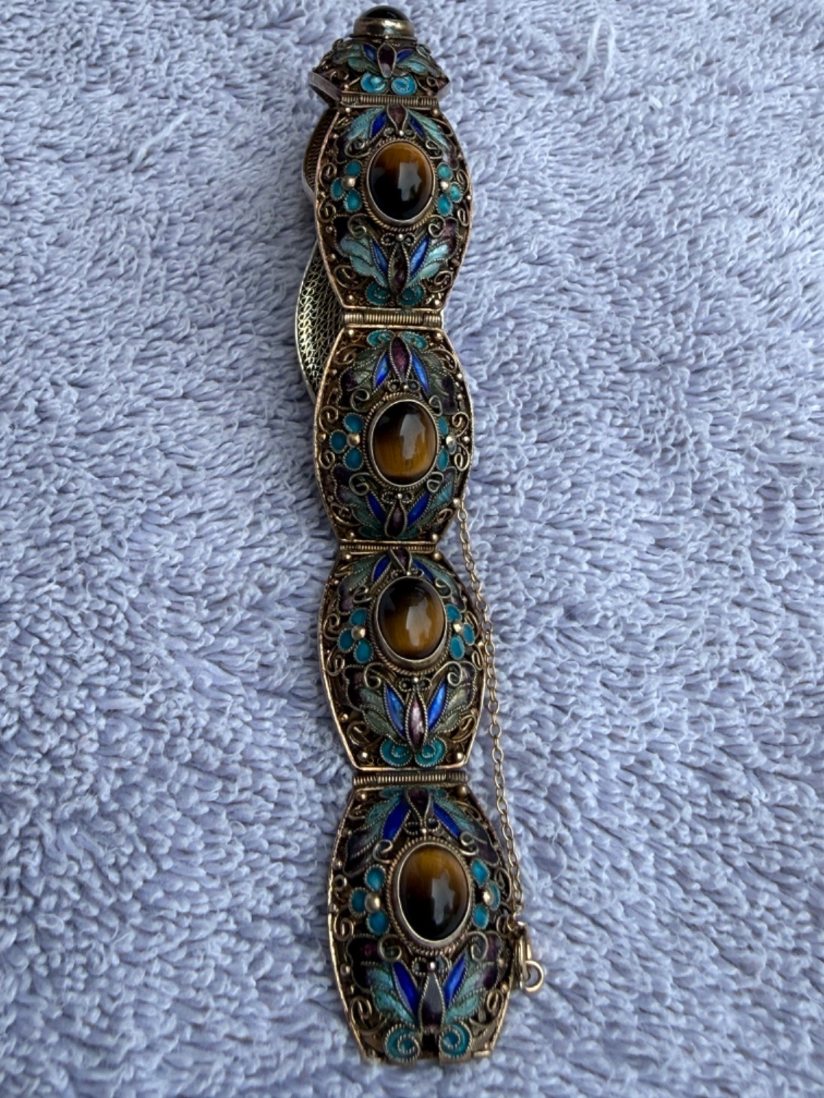 Chinese Export Silver Gilt Filigr Bracelet with Enamel and Tiger’s Eye Cabochons