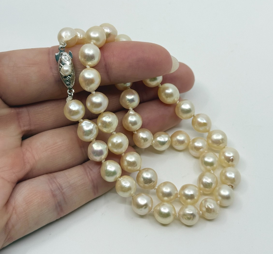 8mm Large Baroque Sterling Saltwater Akoya Cultured Pearl Necklace Vtg 16.5″