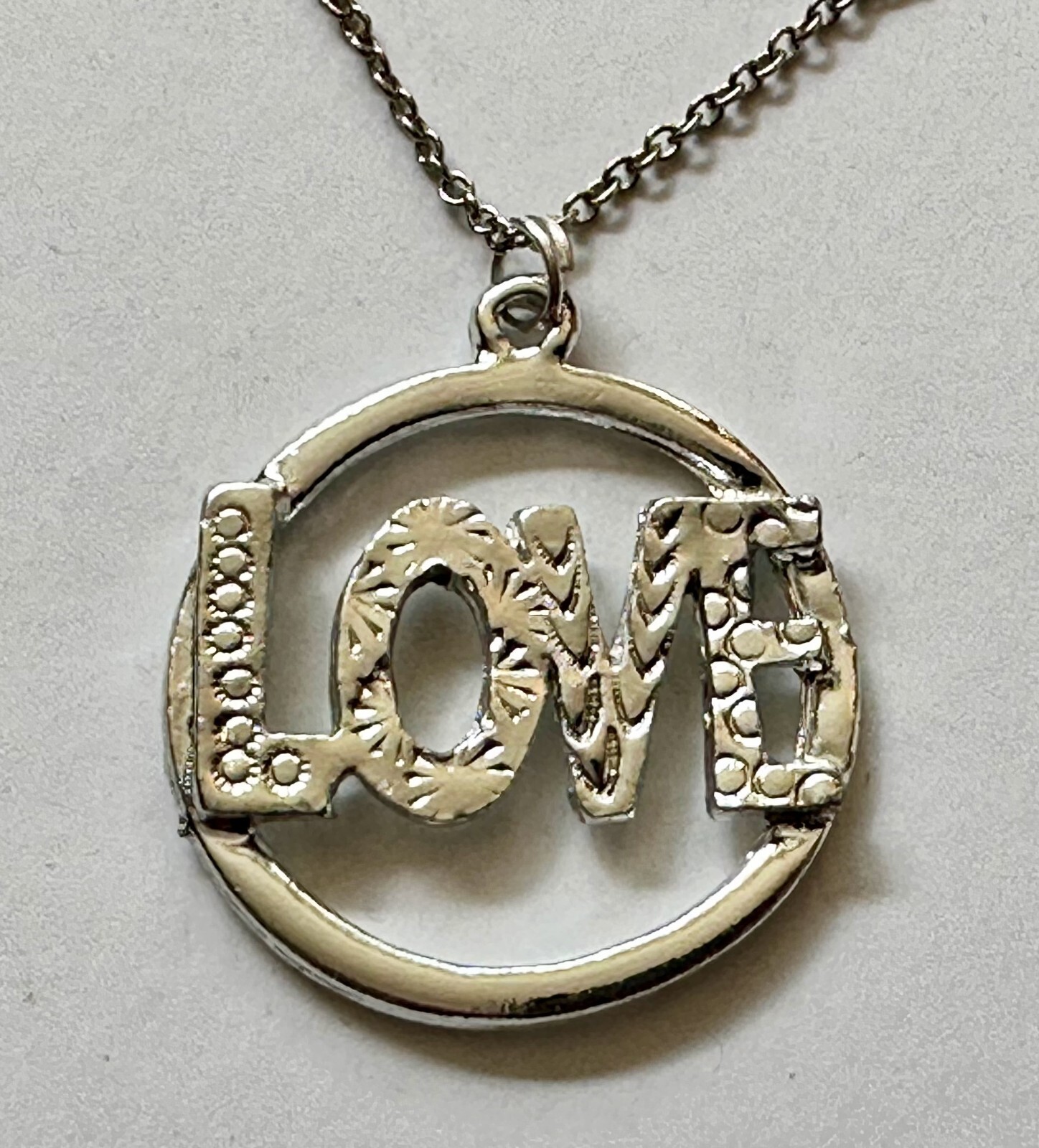 Love Vintage word Love silver metal charm pendant 1 1/4″ 60s 70s necklace 24″