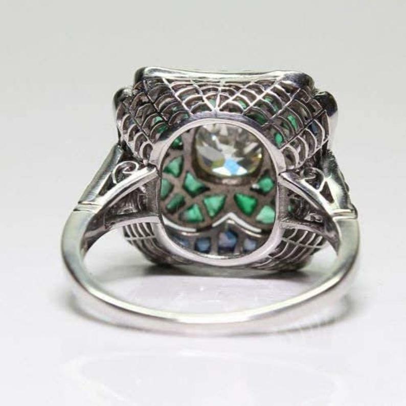 Art Deco 5.55 Ct White Round Cut Sapphire Emerald CZ Flower Wedding Ring In SS