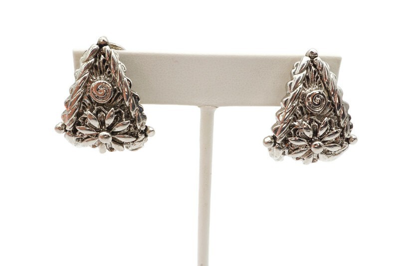 Vintage Clip On Earrings Silver Tone Textured Flower