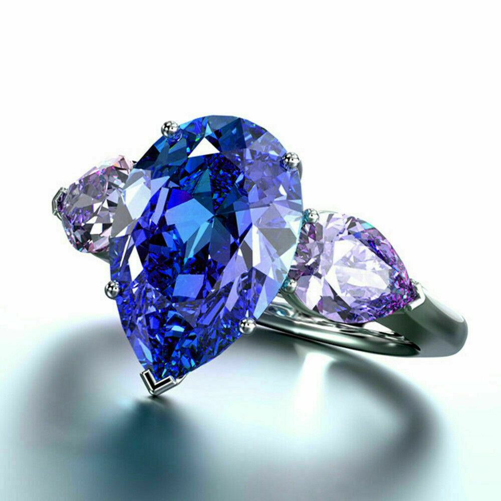 Jewellery Pear Cut Blue Sapphire and Amethysts Engagement Ring White Gold Finish