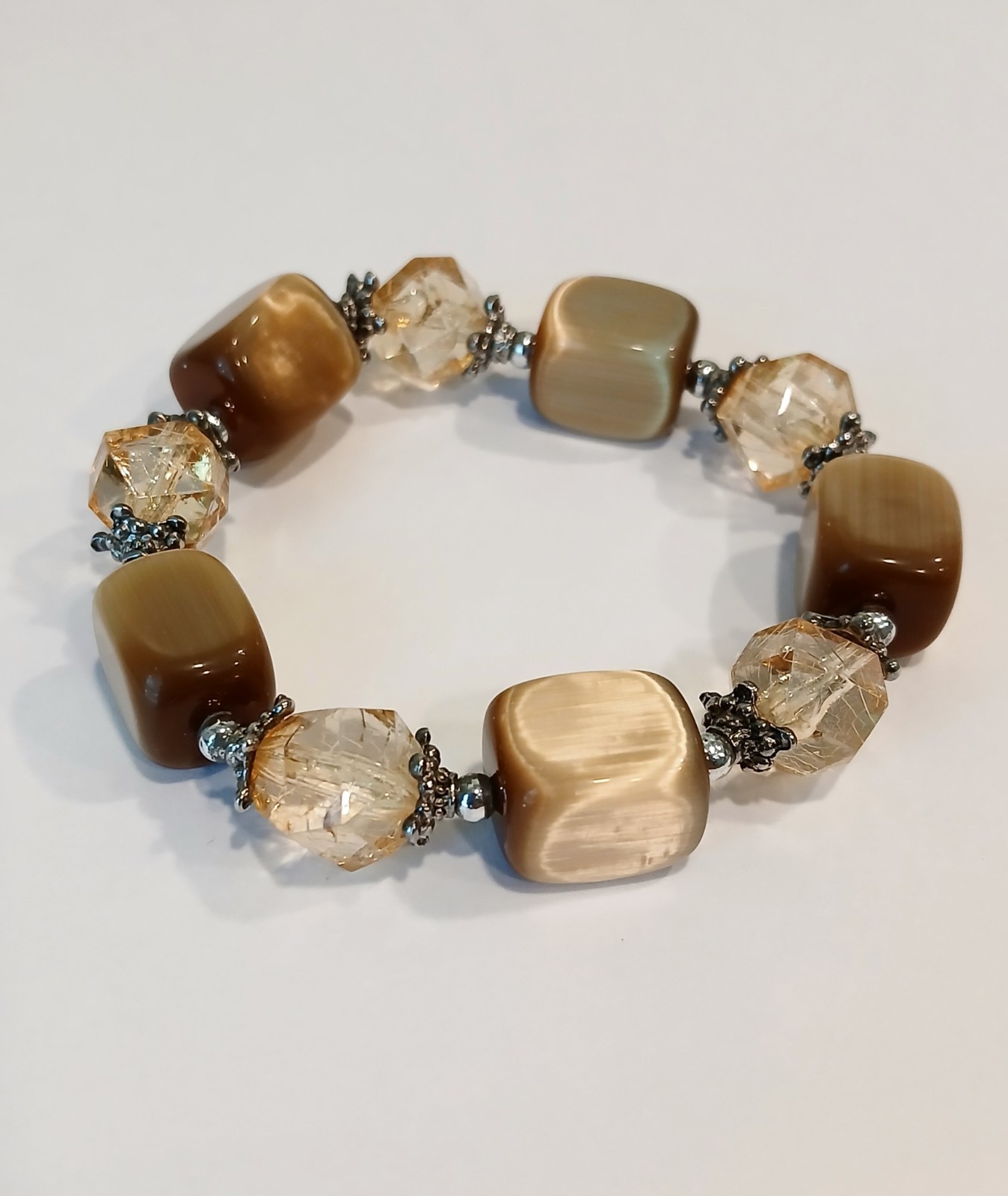 Vintage Tiger’s Eye & Amber Style Acrylic Block Beads Bracelet 44.7g~2.6″diam.