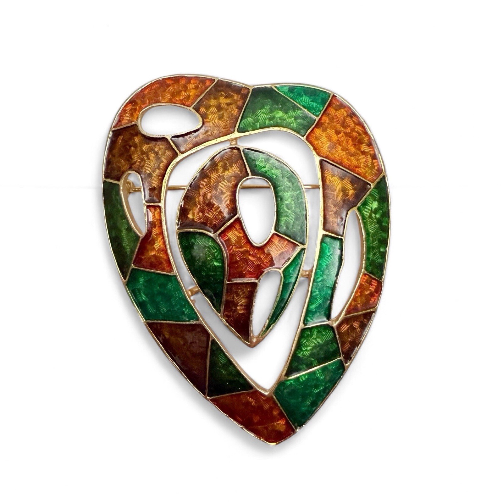 Vintage Retro Multicolor Enamel Stained Glass Style Sculptural Heart Brooch