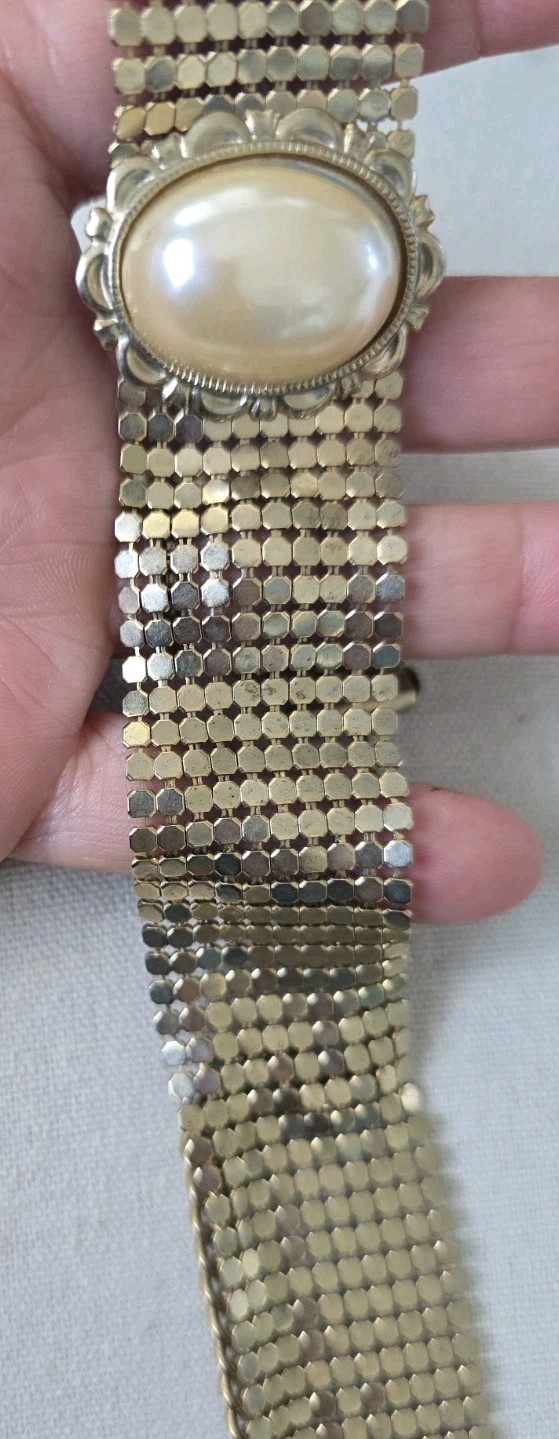 Vintage Style Gold Tone Mesh Choker Faux Pearl Liquid Metal Adjustable 16 Inches