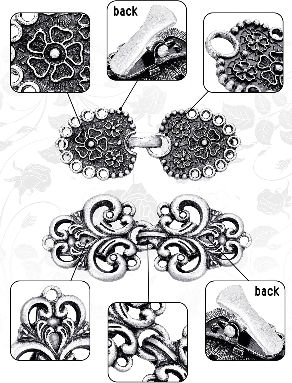 Elegant Vintage Sweater Clip Set – 4 Retro Shawl Collar Fasteners in Zinc Alloy