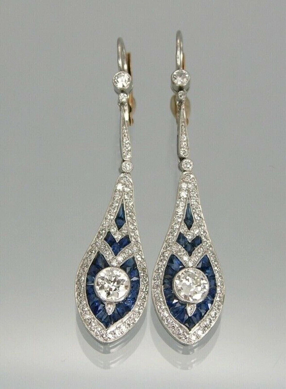 Art Deco Style Sapphire & Diamond Drop Dangle Wedding 14k White Gold FN Earrings