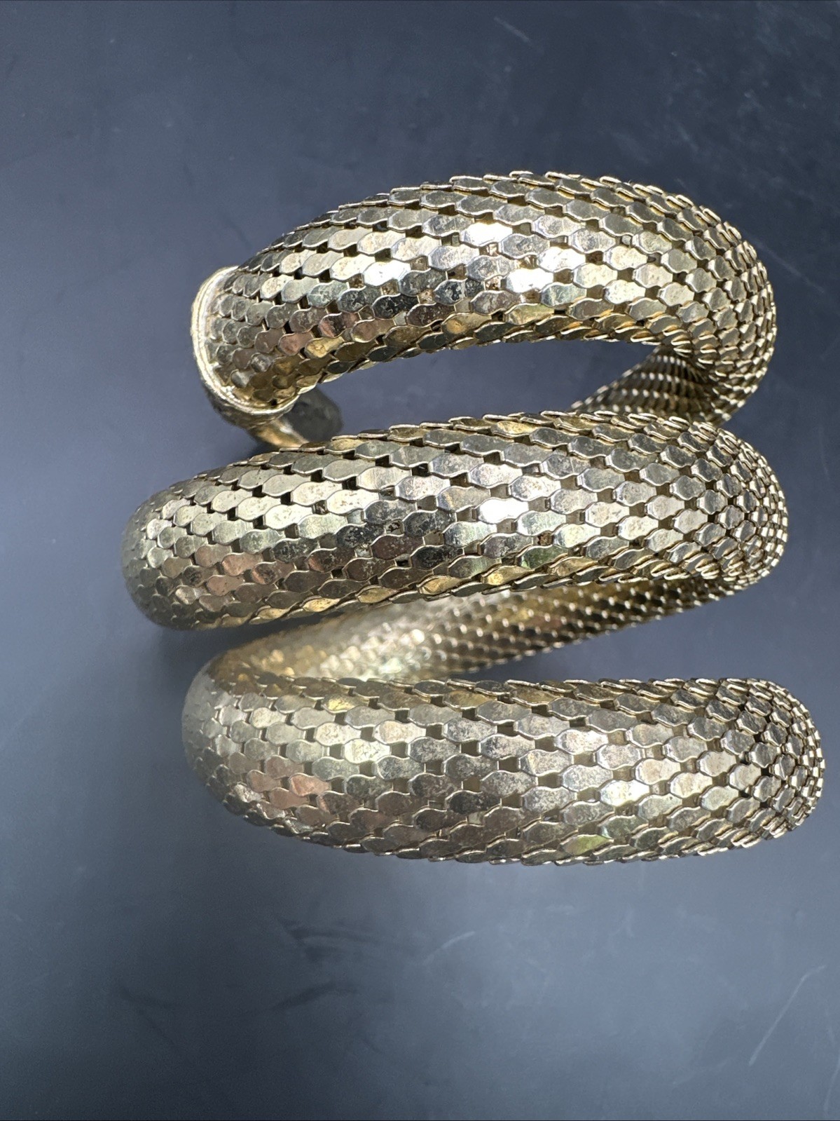 Whiting & Davis 50s 60s Gold Plated Figural Snake Coil Triple Wrap Bracelet