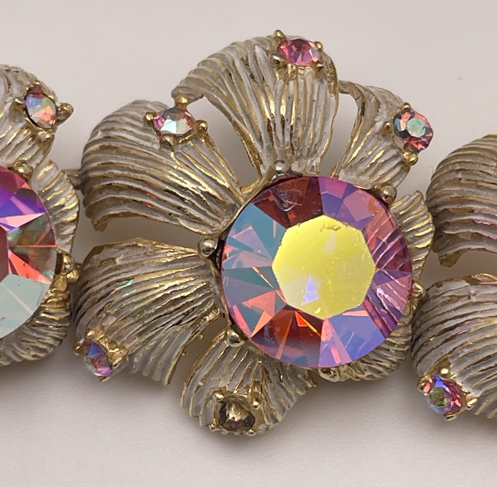Statement Pink AB Stone Gold Tone Vintage Flower Bracelet Missing 3 Stones