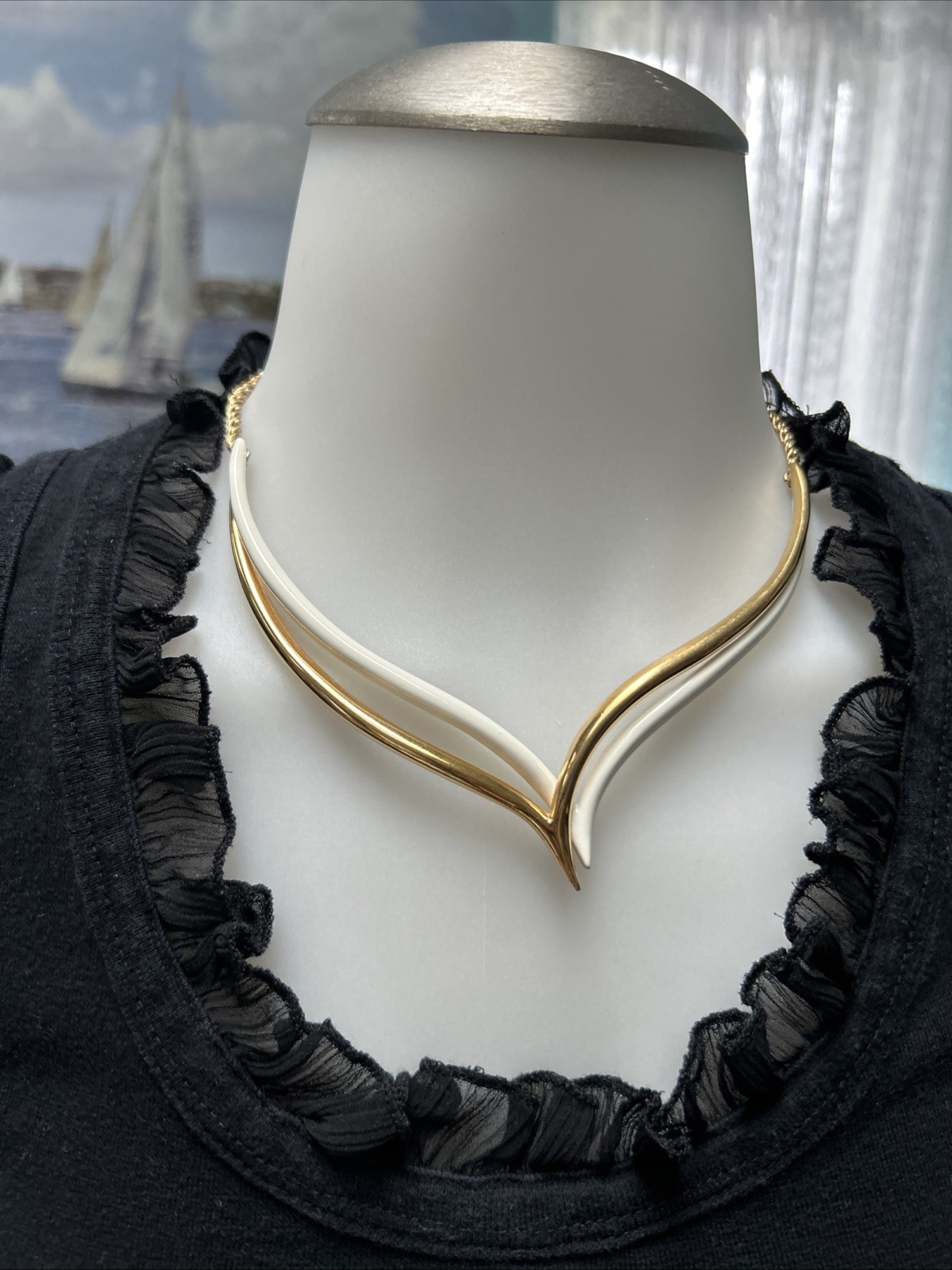 Vintage Monet Double V Neck Swirl Choker Necklace Two Tone Gold Off White Signed