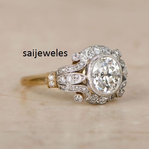 Art Deco Vintage 3.50CT Round Cut Diamond Lab-Created 14K 2-Tone Gold Over Ring