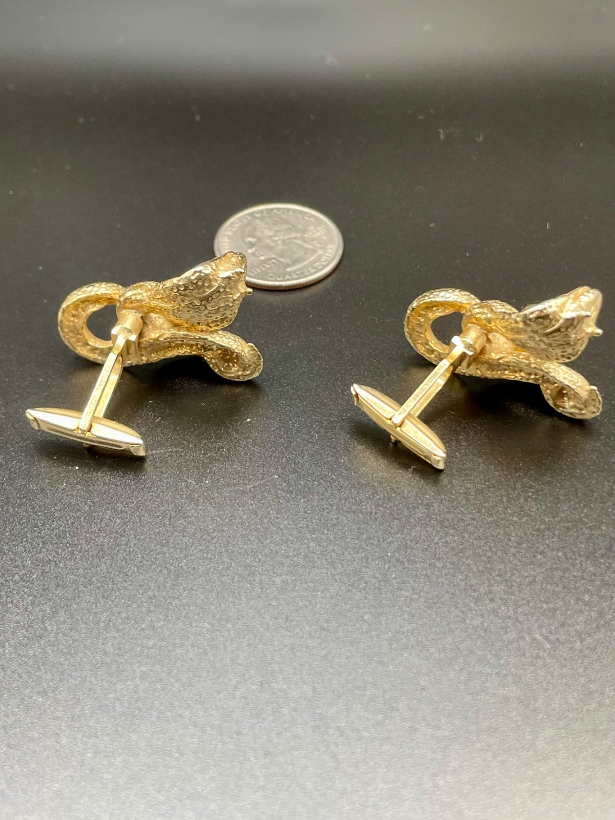 Vintage Textured Cobra Snake Coiled Serpent Black Stone Cufflinks