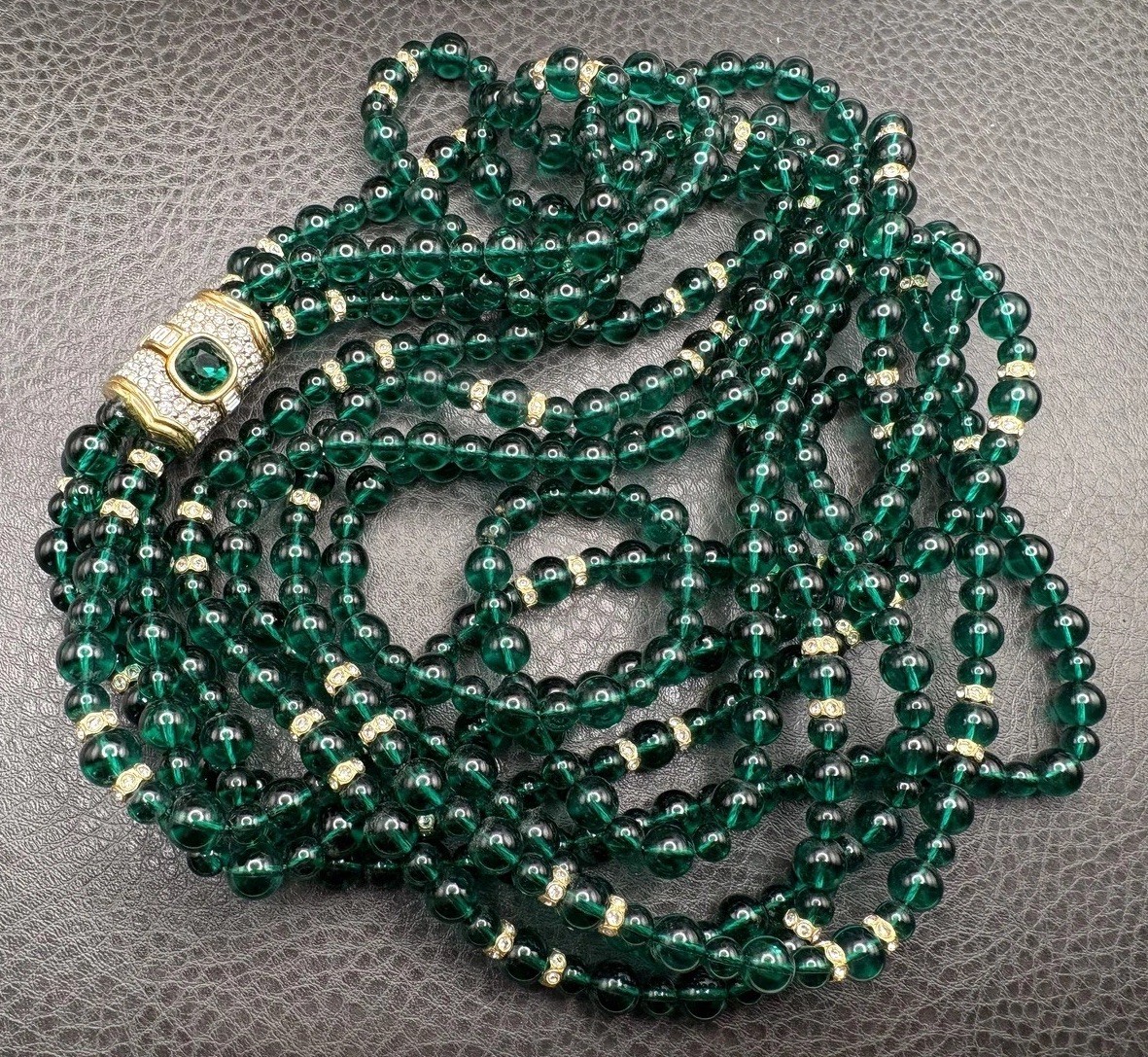 RARE SWAROVSKI VTG Multi Strand Green Crystal Glass Beaded Mogul Necklace 36”