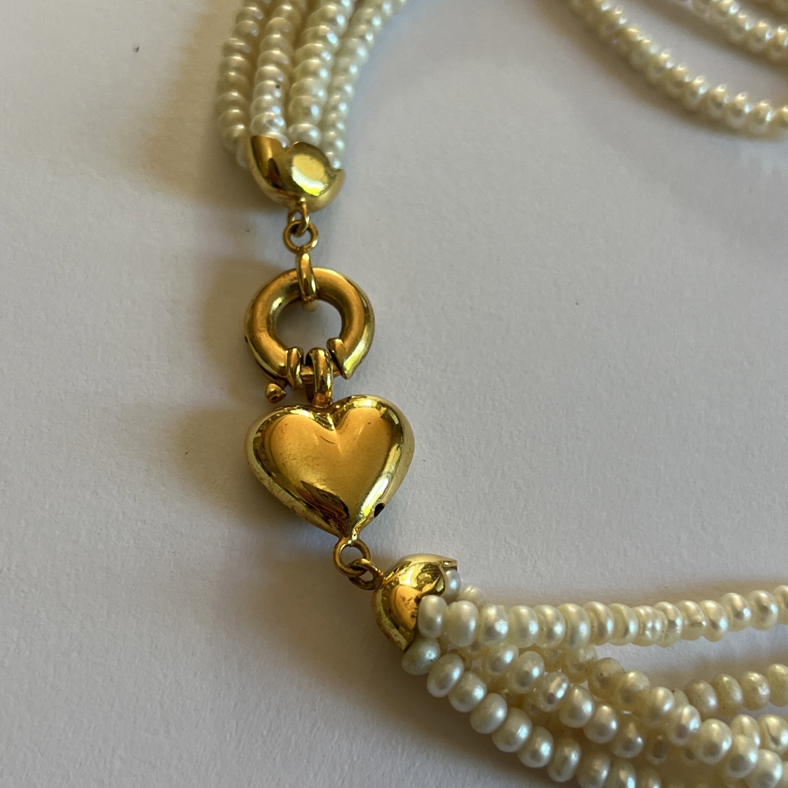 Vintage Multi-Strand Freshwater Pearl 18” Necklace Gold Tone Heart Clasp