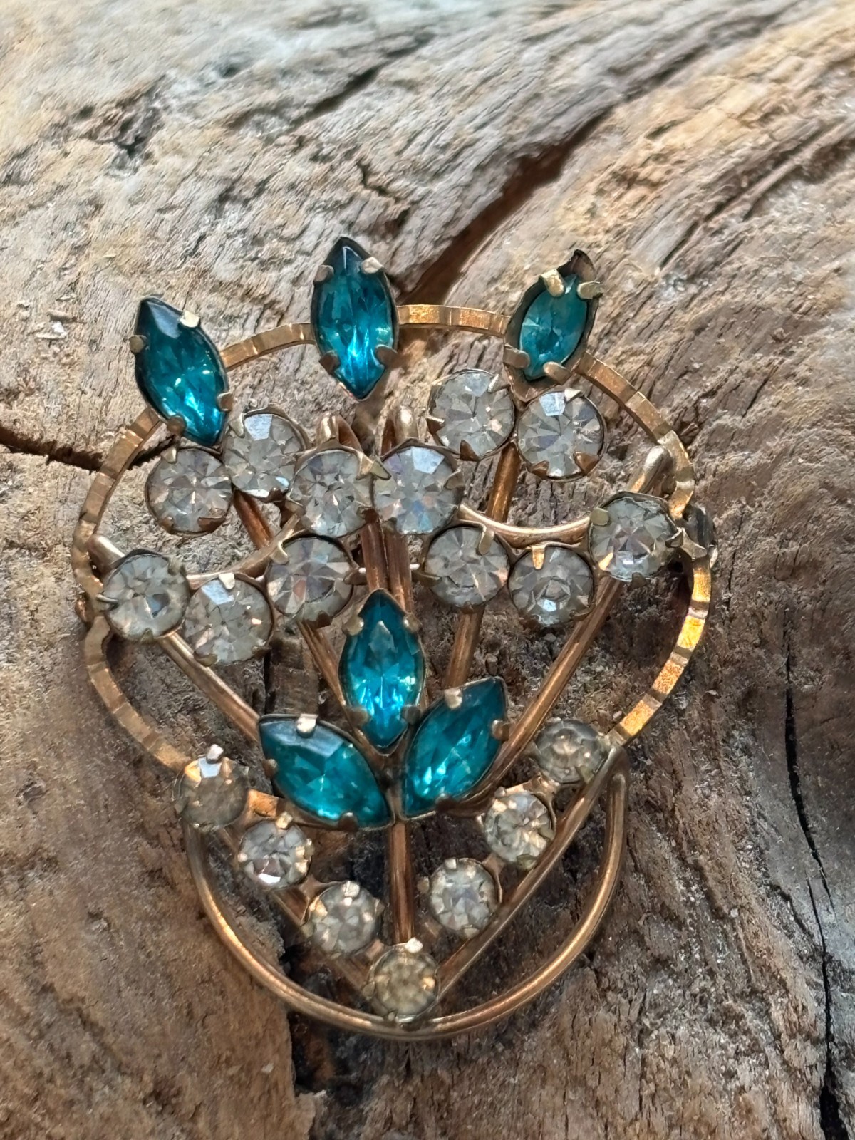 1930s PR. ST. & CO 1/ 20th 12K gf BLUE & CLEAR RHINESTONES GOLD FILLED BROOCH