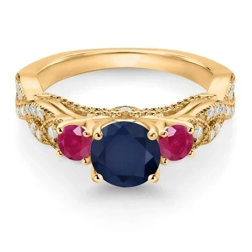 3.1Ct Art Deco Style Lab Created Sapphire & Ruby Engagement 14K Gold Finish Ring