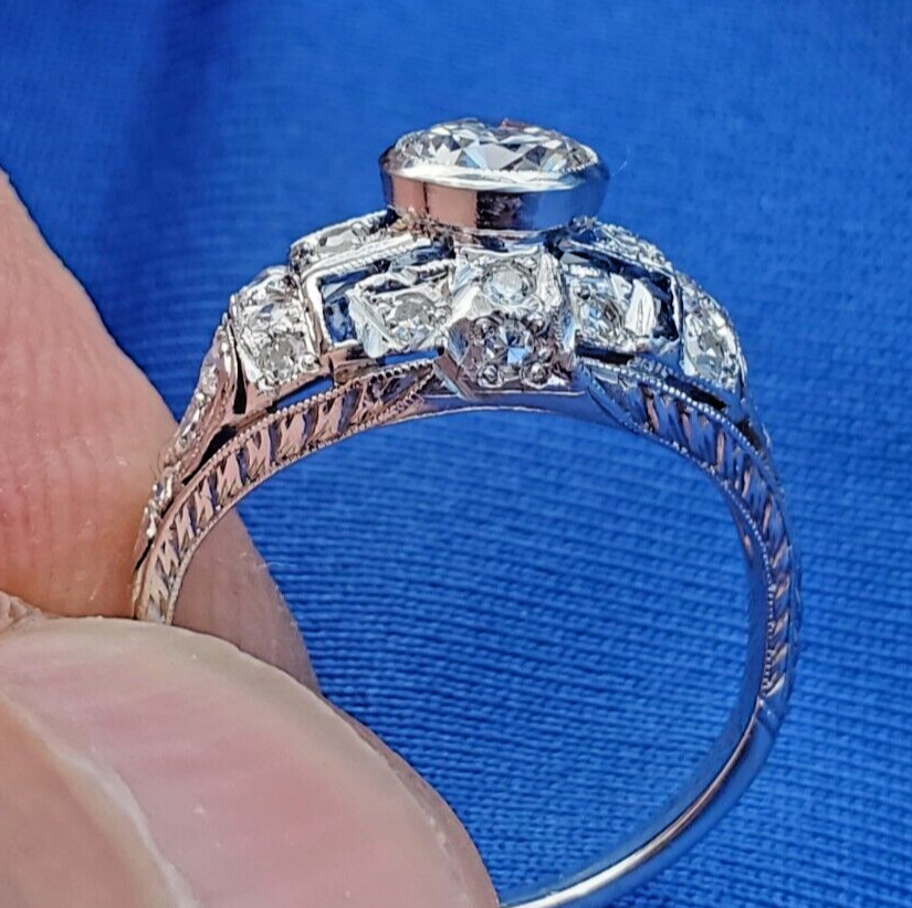 Original EARTH MINED DIAMOND Deco Engagement Ring Platinum Sapphire Solitaire 6