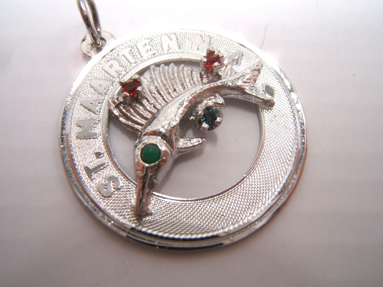 VINTAGE STERLING SILVER CHARM ST MAARTEN N.A. JEWELED FISH