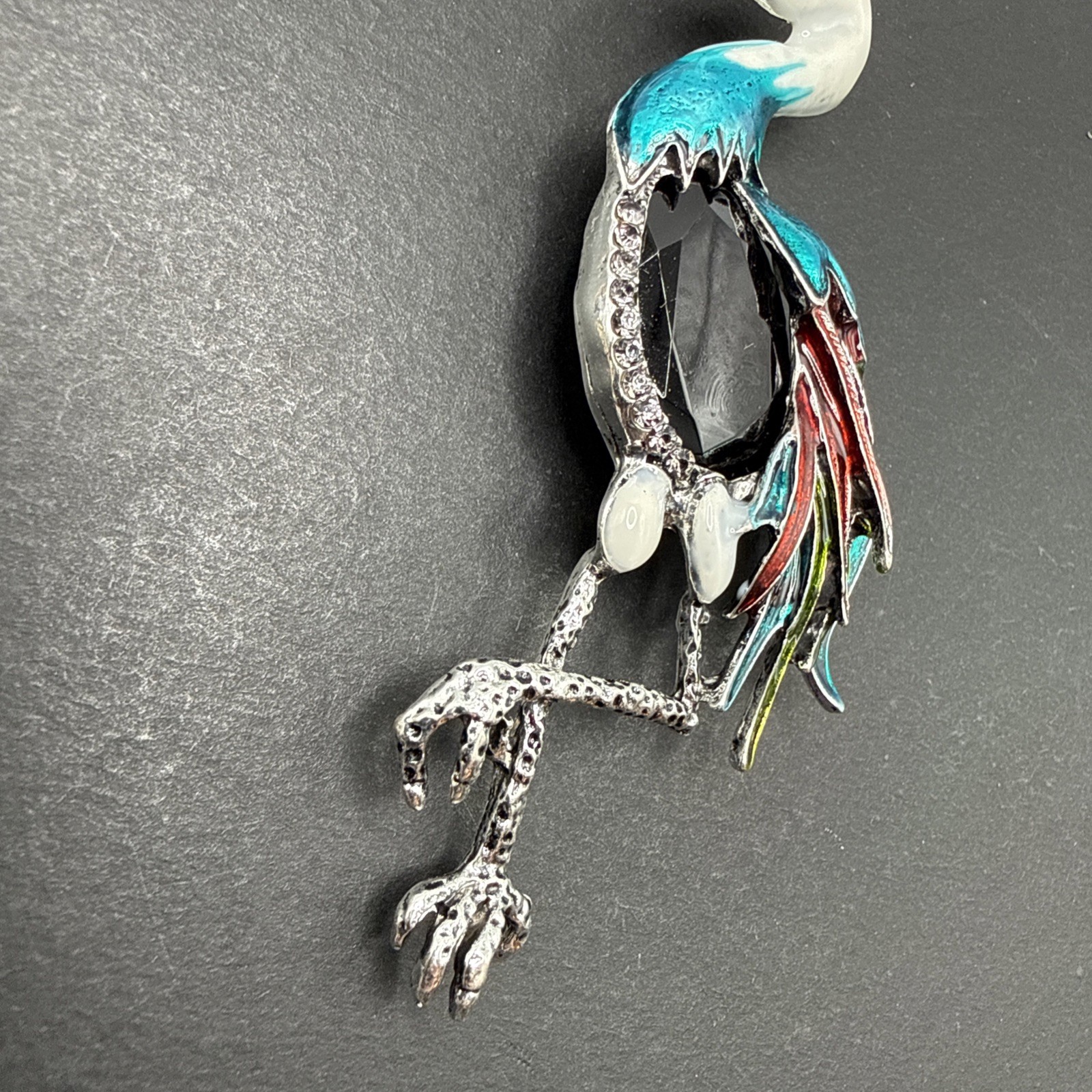 HUGE Heron Bird Brooch Pin Black Rhinestone Colorful Enamel J26