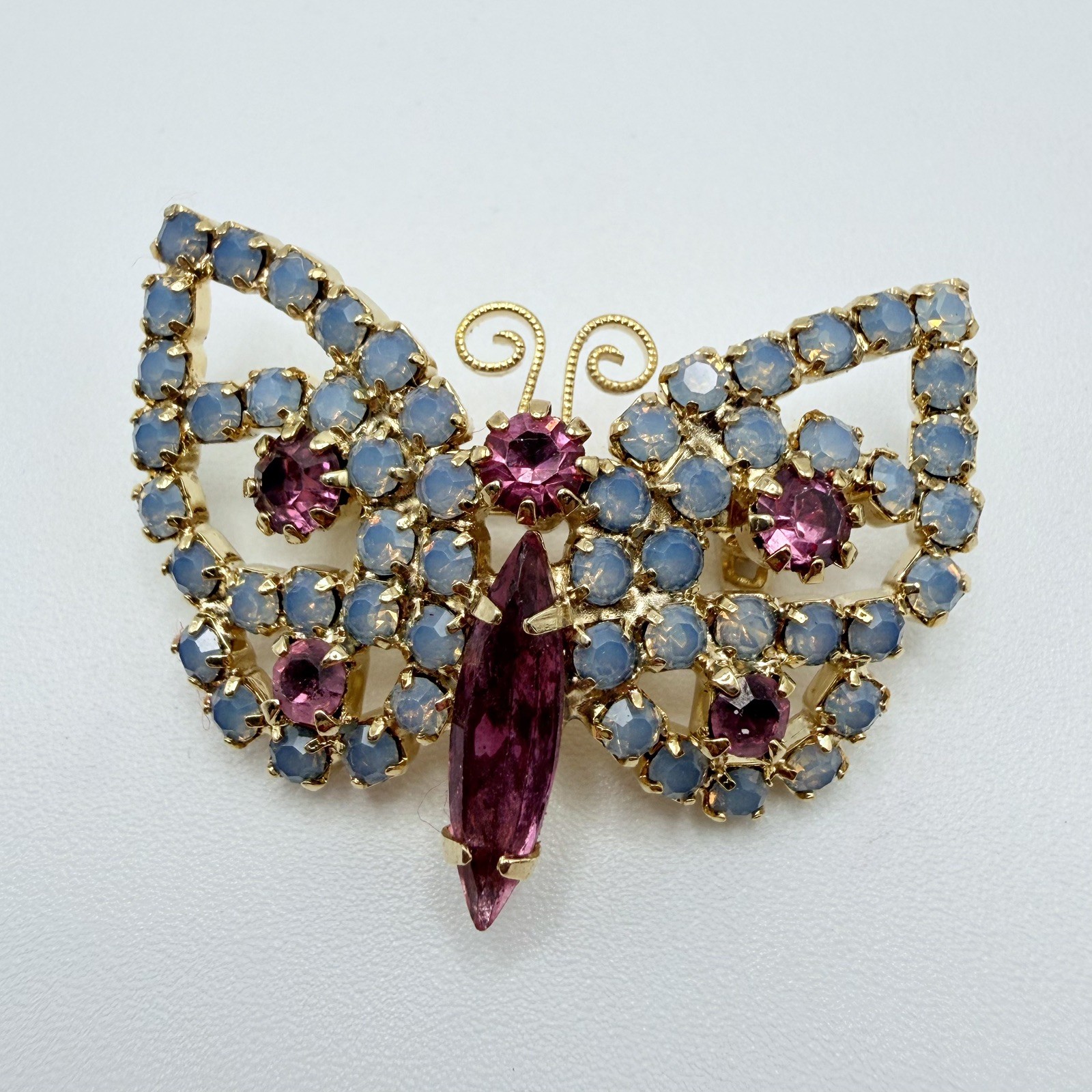 Pink and Blue Rhinestone Gold Tone Butterfly Brooch Vintage Whimsical 1”